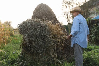 Photo of Senior man in straw hat pitching hay on farmland