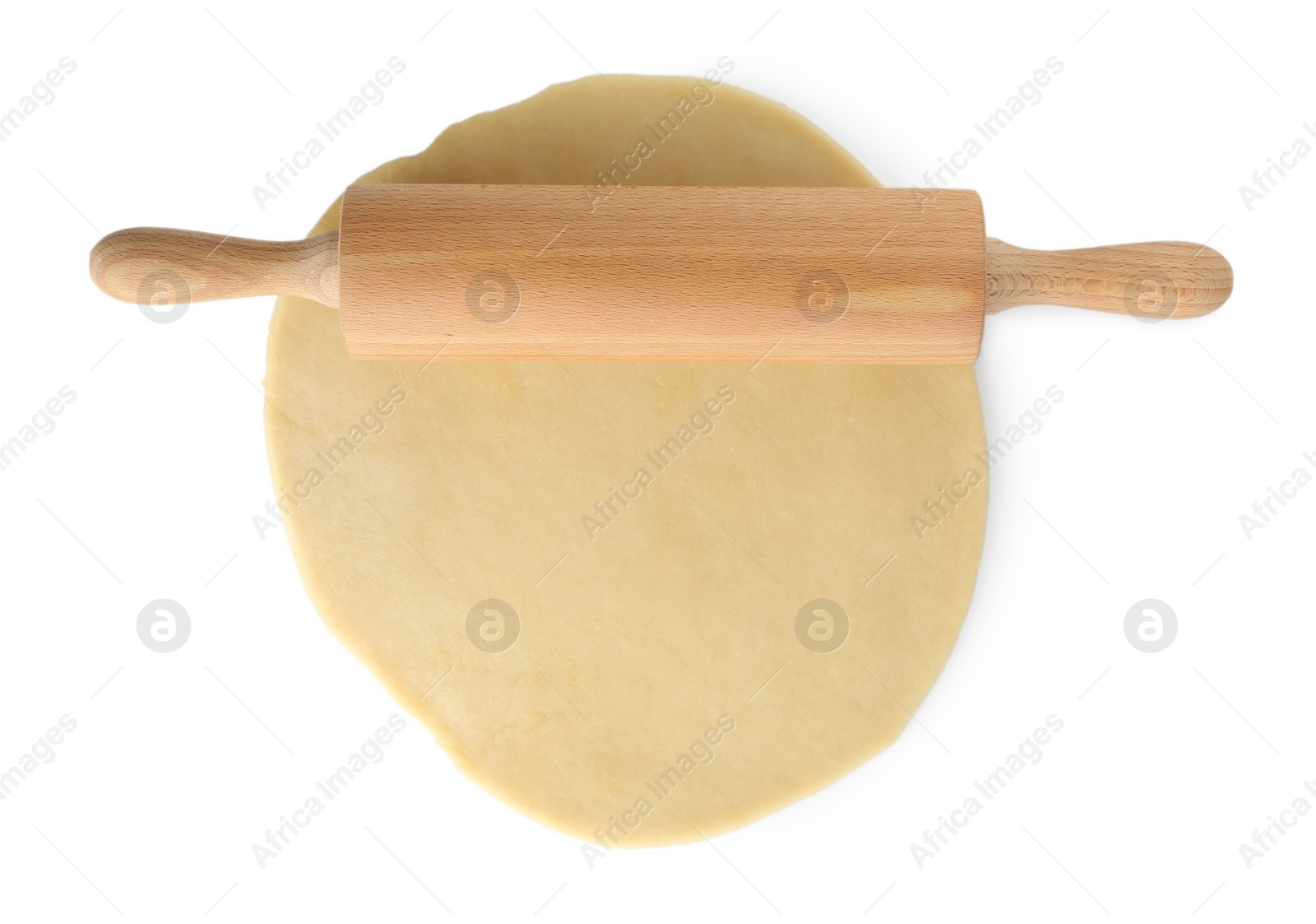 Photo of Cooking homemade pie. Raw dough and wooden rolling pin isolated on white, top view