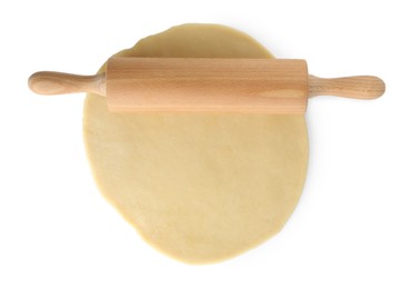 Photo of Cooking homemade pie. Raw dough and wooden rolling pin isolated on white, top view