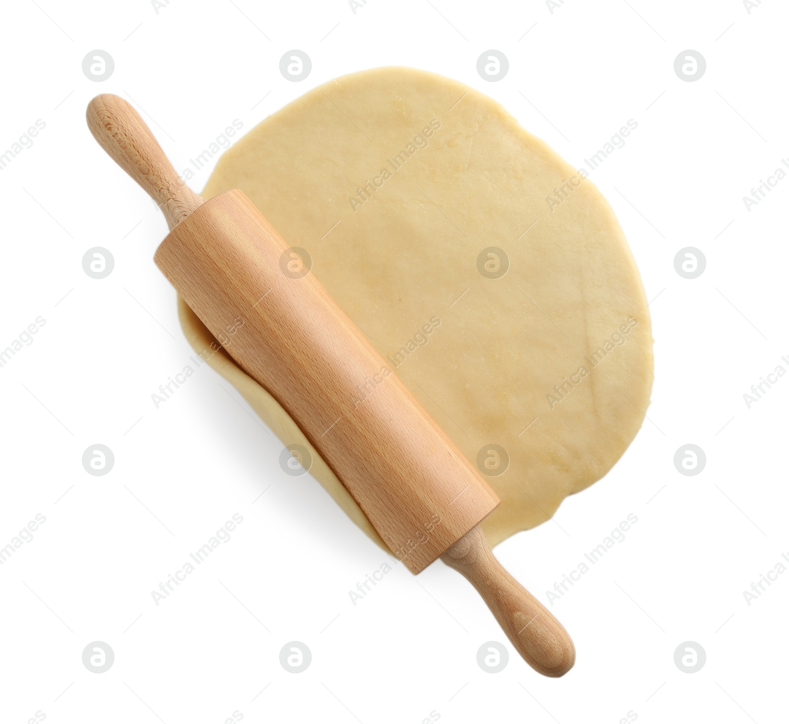 Photo of Cooking homemade pie. Raw dough and wooden rolling pin isolated on white, top view