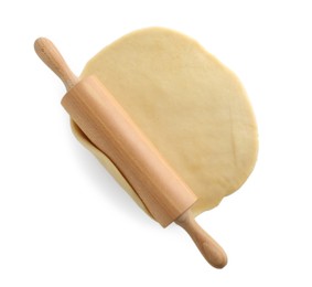 Photo of Cooking homemade pie. Raw dough and wooden rolling pin isolated on white, top view