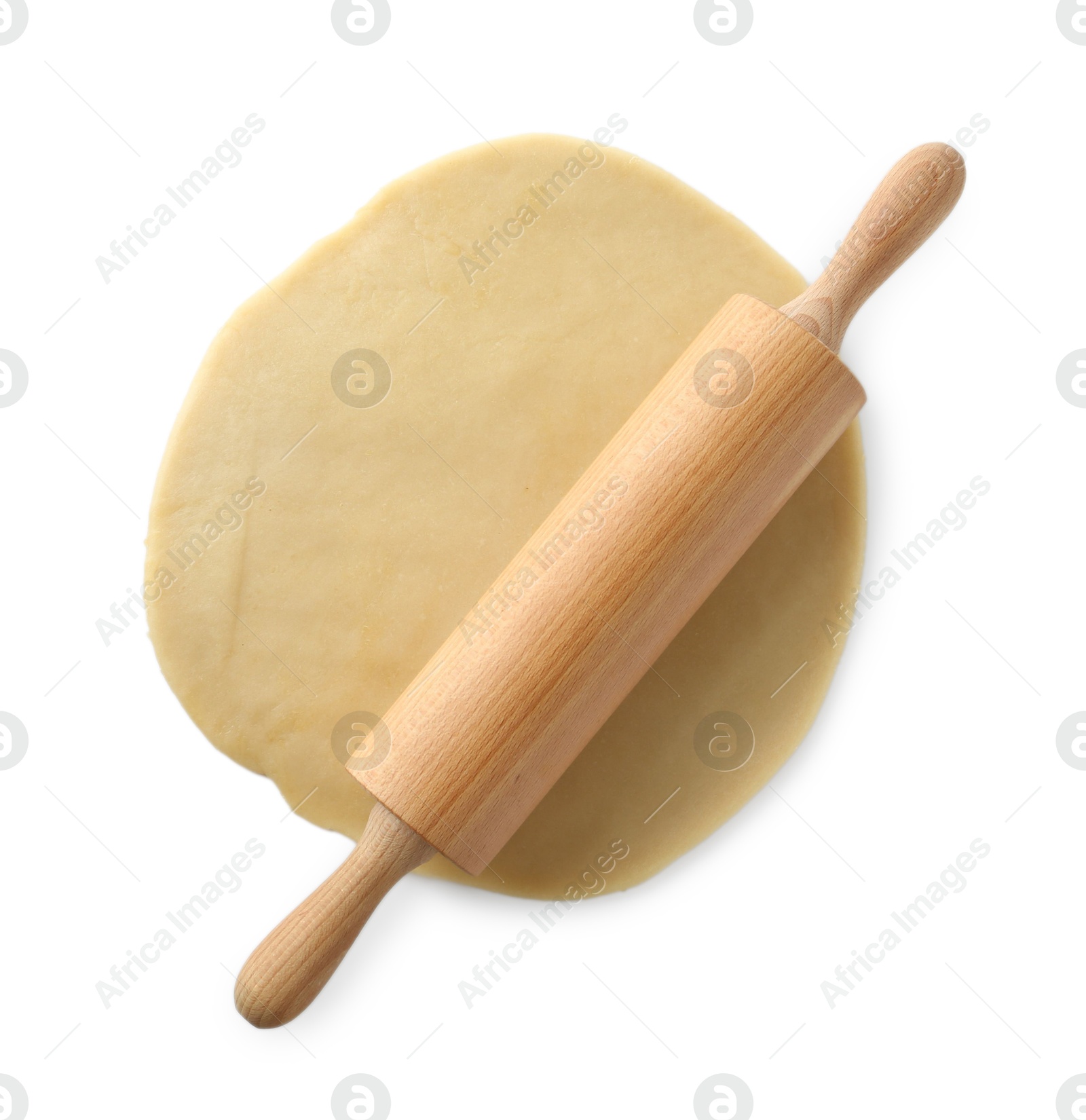 Photo of Cooking homemade pie. Raw dough and wooden rolling pin isolated on white, top view