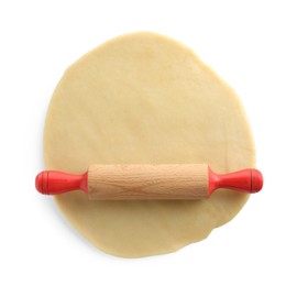 Photo of Cooking homemade pie. Raw dough and rolling pin isolated on white, top view