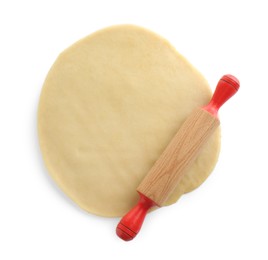 Photo of Cooking homemade pie. Raw dough and rolling pin on white background, top view