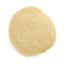 Photo of Cooking homemade pie. Raw dough isolated on white, top view