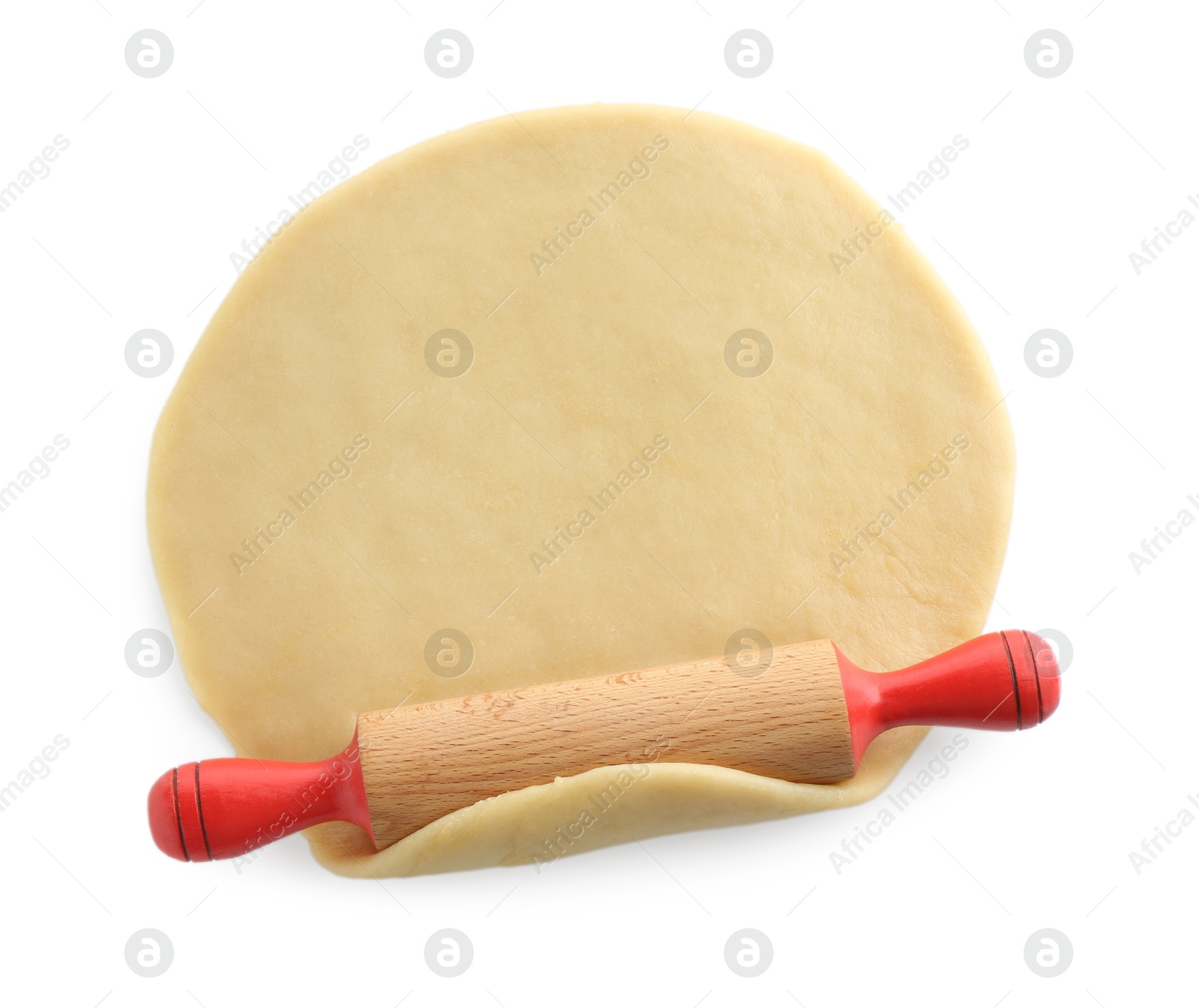 Photo of Cooking homemade pie. Raw dough and rolling pin isolated on white, top view