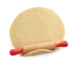 Photo of Cooking homemade pie. Raw dough and rolling pin isolated on white, top view