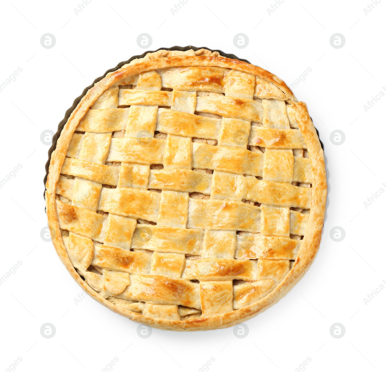 Photo of Tasty homemade pie isolated on white, top view