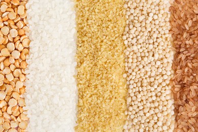 Different cereal grains as background, top view