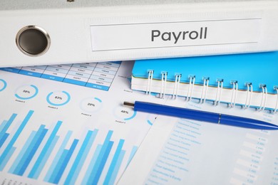 Photo of Payroll. Pen, notebook and graphical charts on table