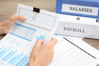 Photo of Payroll. Woman with papers at wooden table, closeup