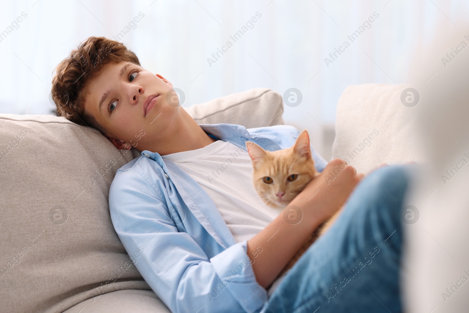 Photo of Loneliness concept. Sad teenage boy with cute cat on sofa at home