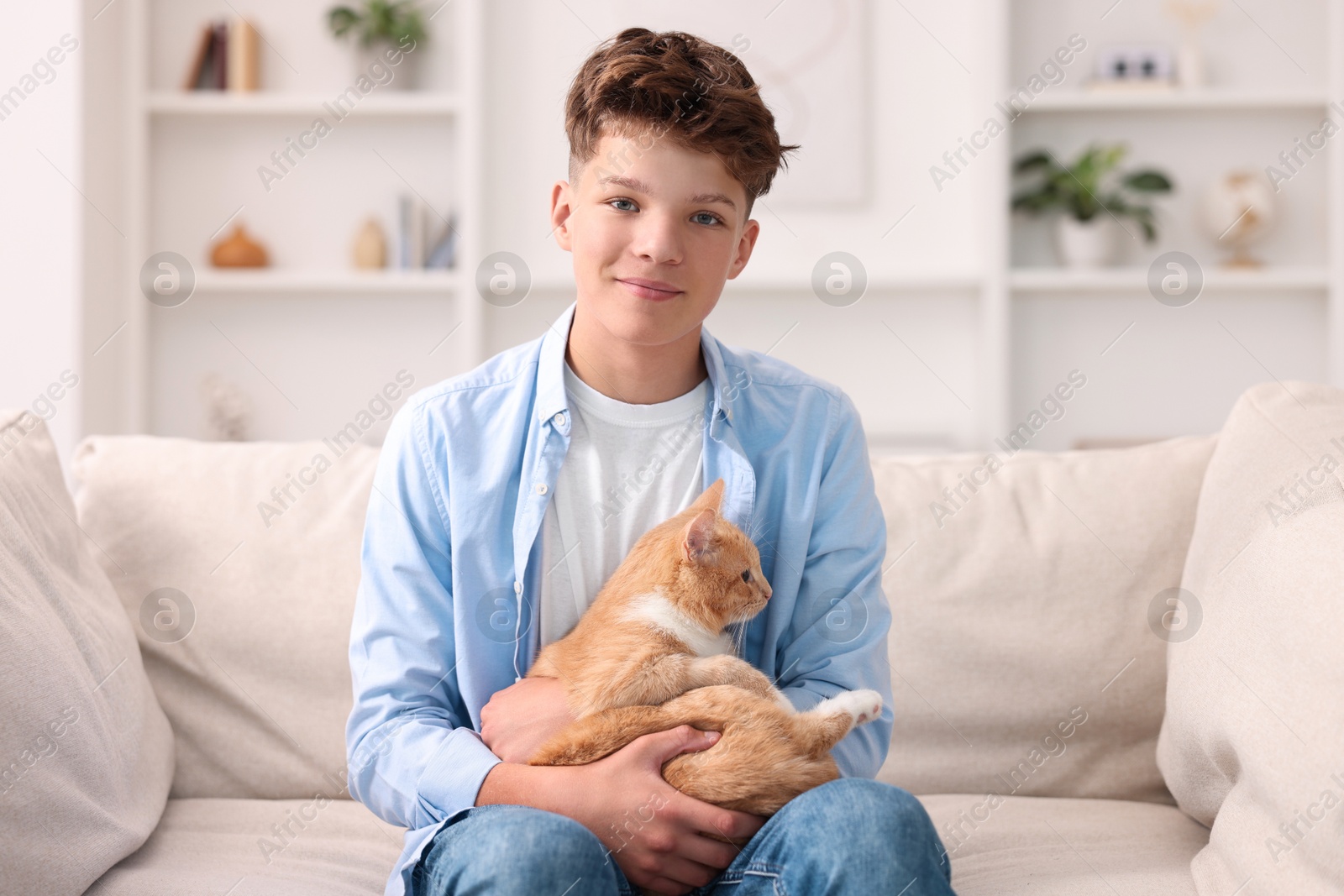 Photo of Teenage boy with cute cat on sofa at home