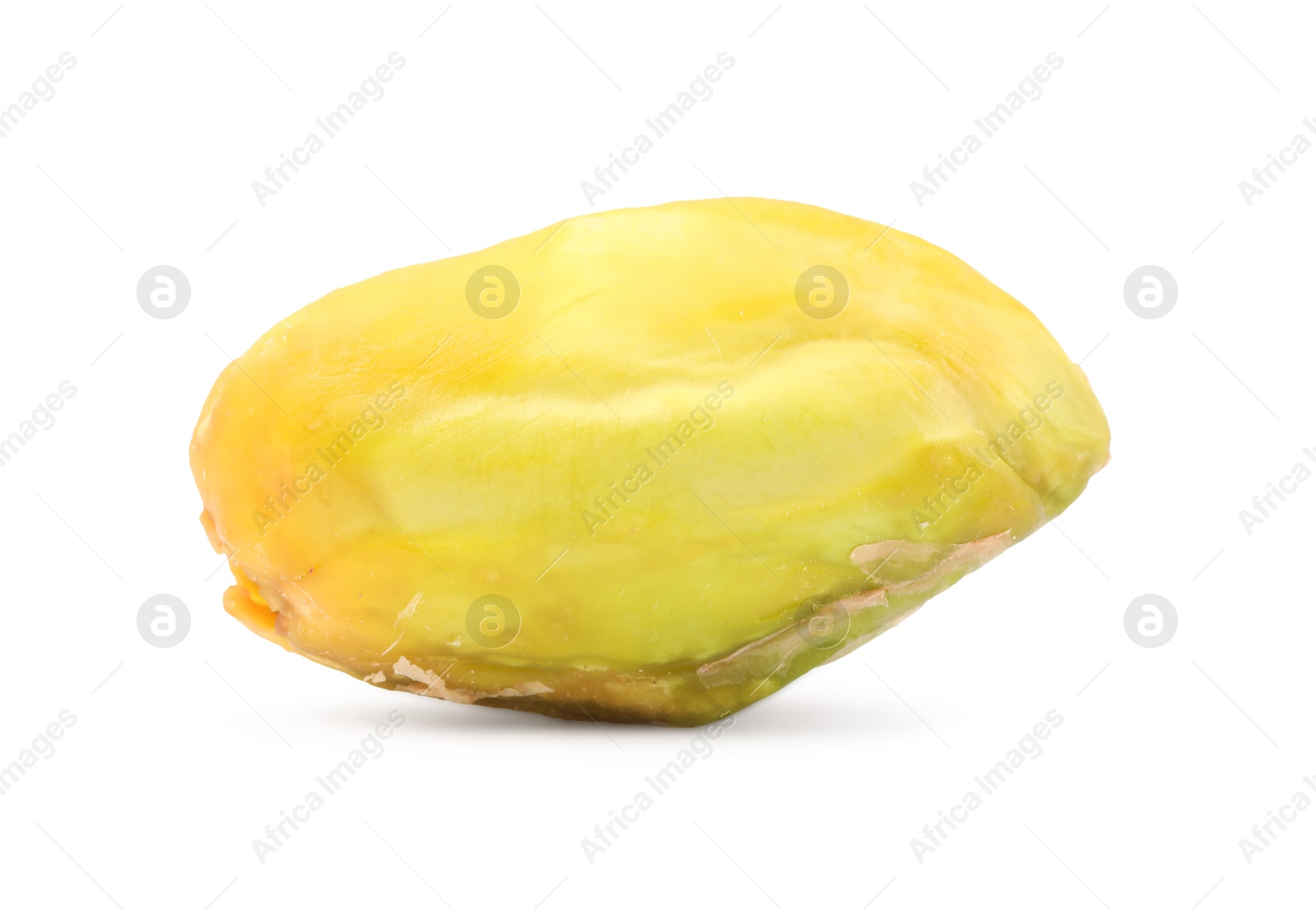 Photo of One peeled pistachio nut isolated on white