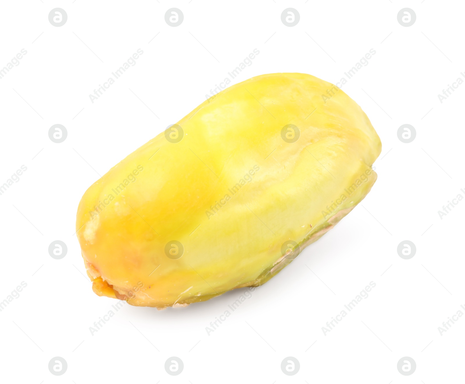 Photo of One peeled pistachio nut isolated on white