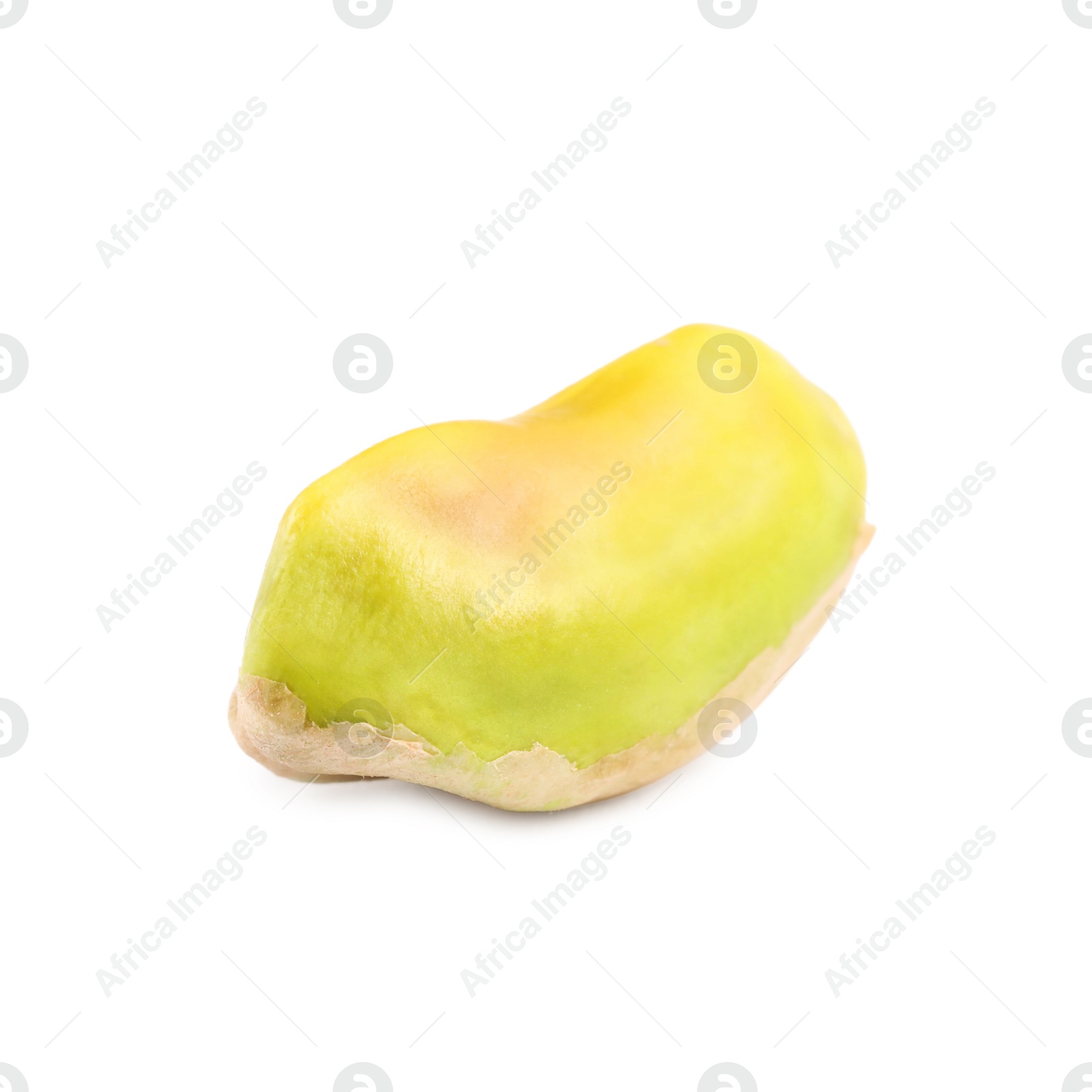 Photo of One peeled pistachio nut isolated on white