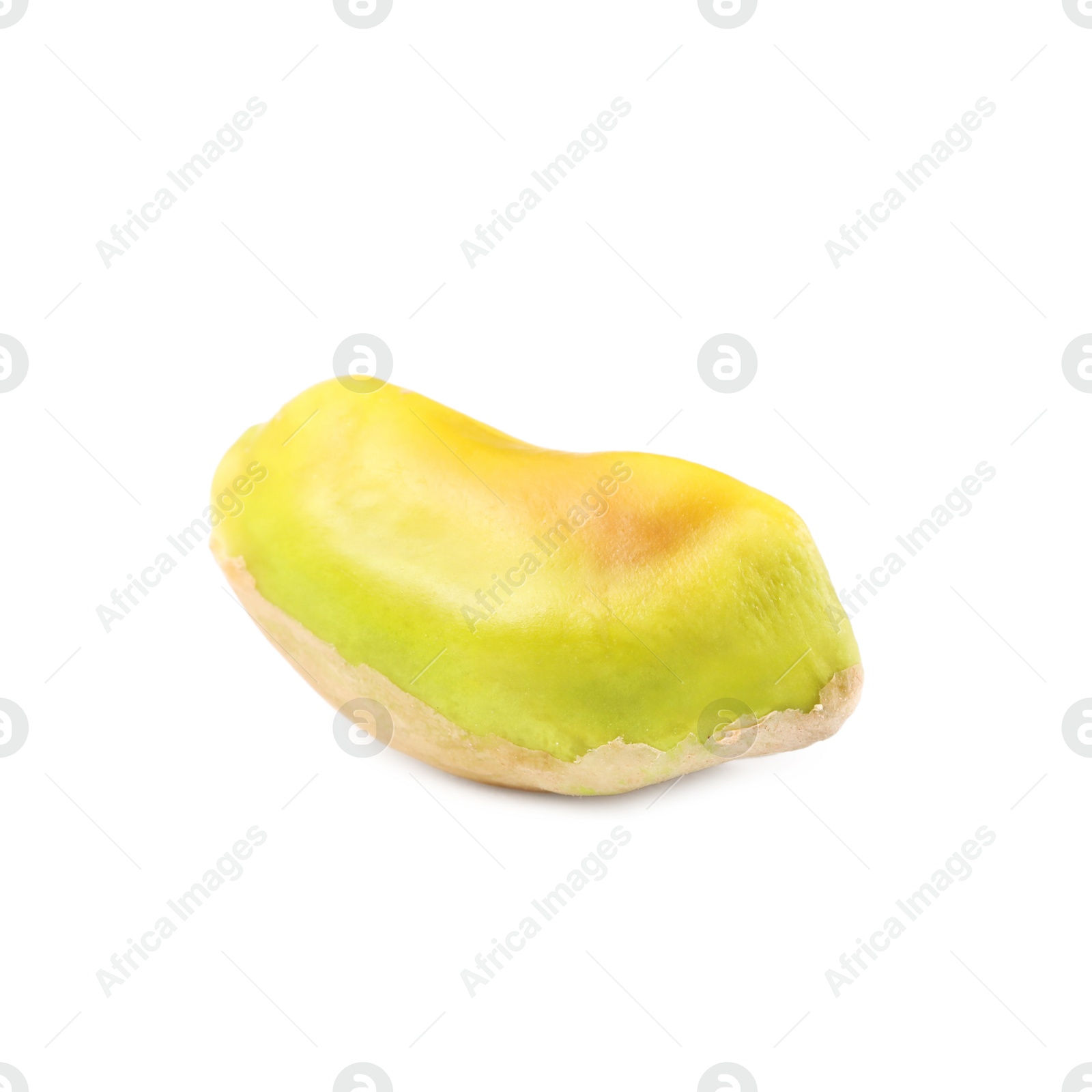 Photo of One peeled pistachio nut isolated on white