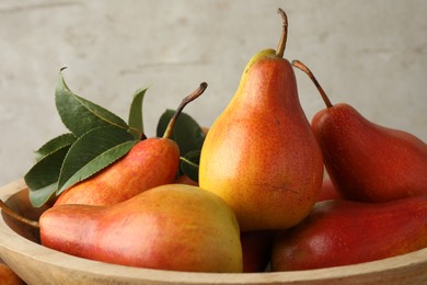 Photo of Many ripe juicy pears in bowl, closeup