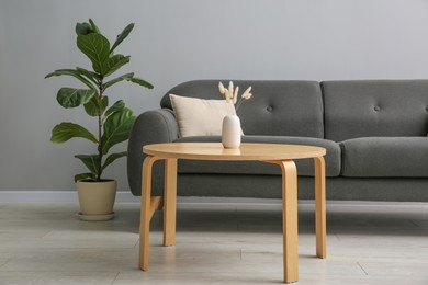 Comfortable sofa, houseplant and table near grey wall in room