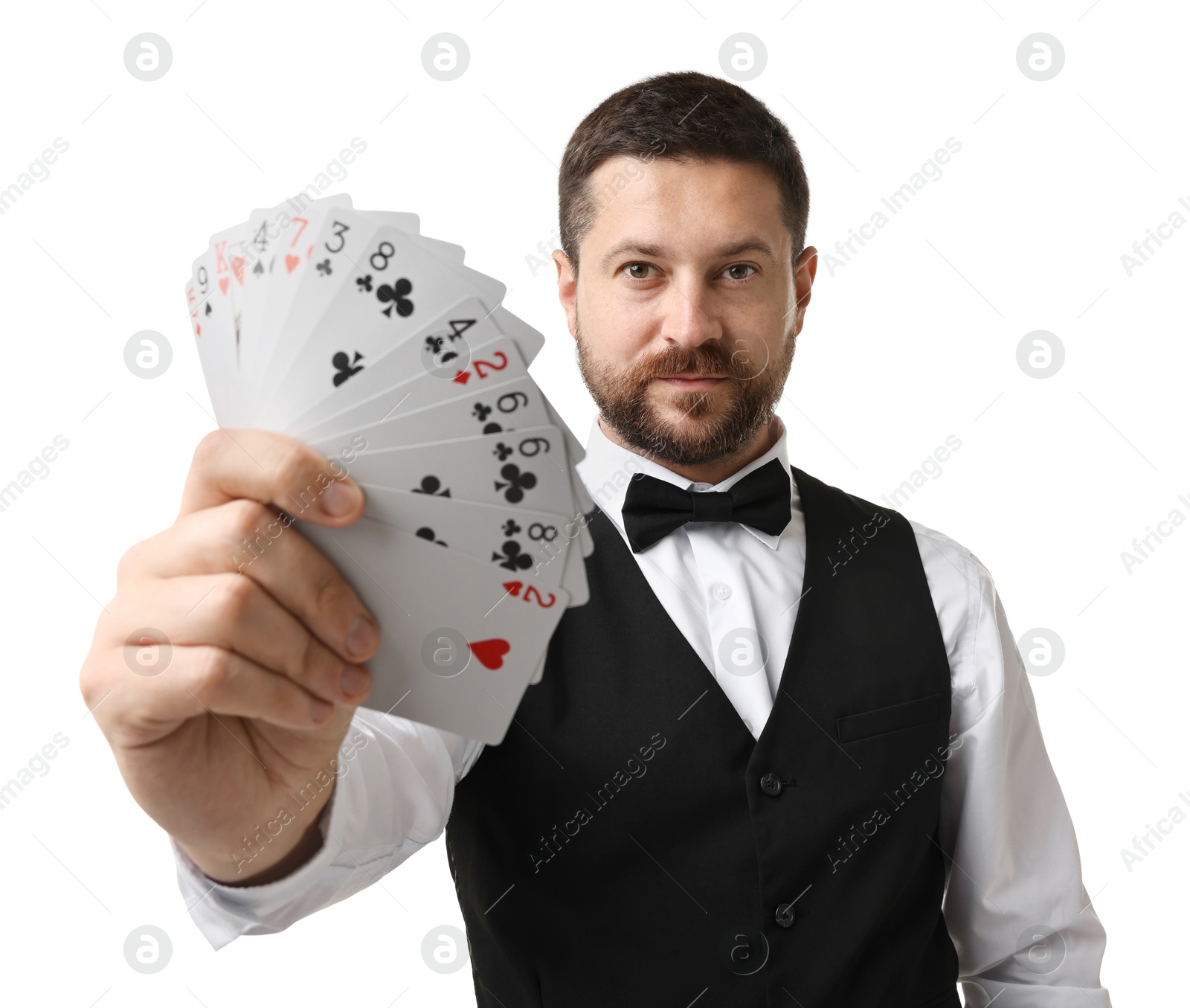 Photo of Professional croupier with playing cards on white background