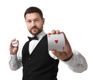 Photo of Croupier holding card and dealer button on white background