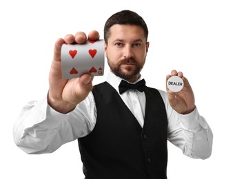 Croupier holding card and dealer button on white background