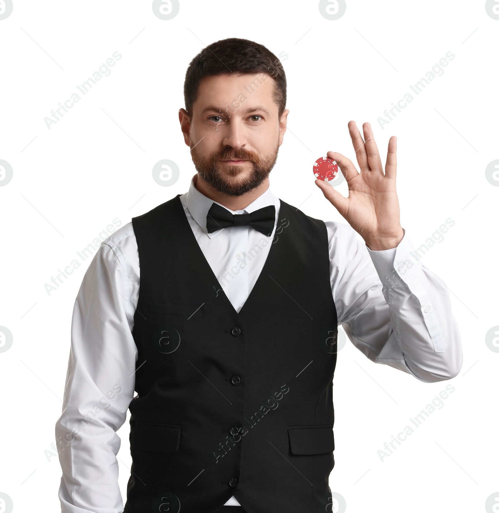 Photo of Croupier with casino chip on white background