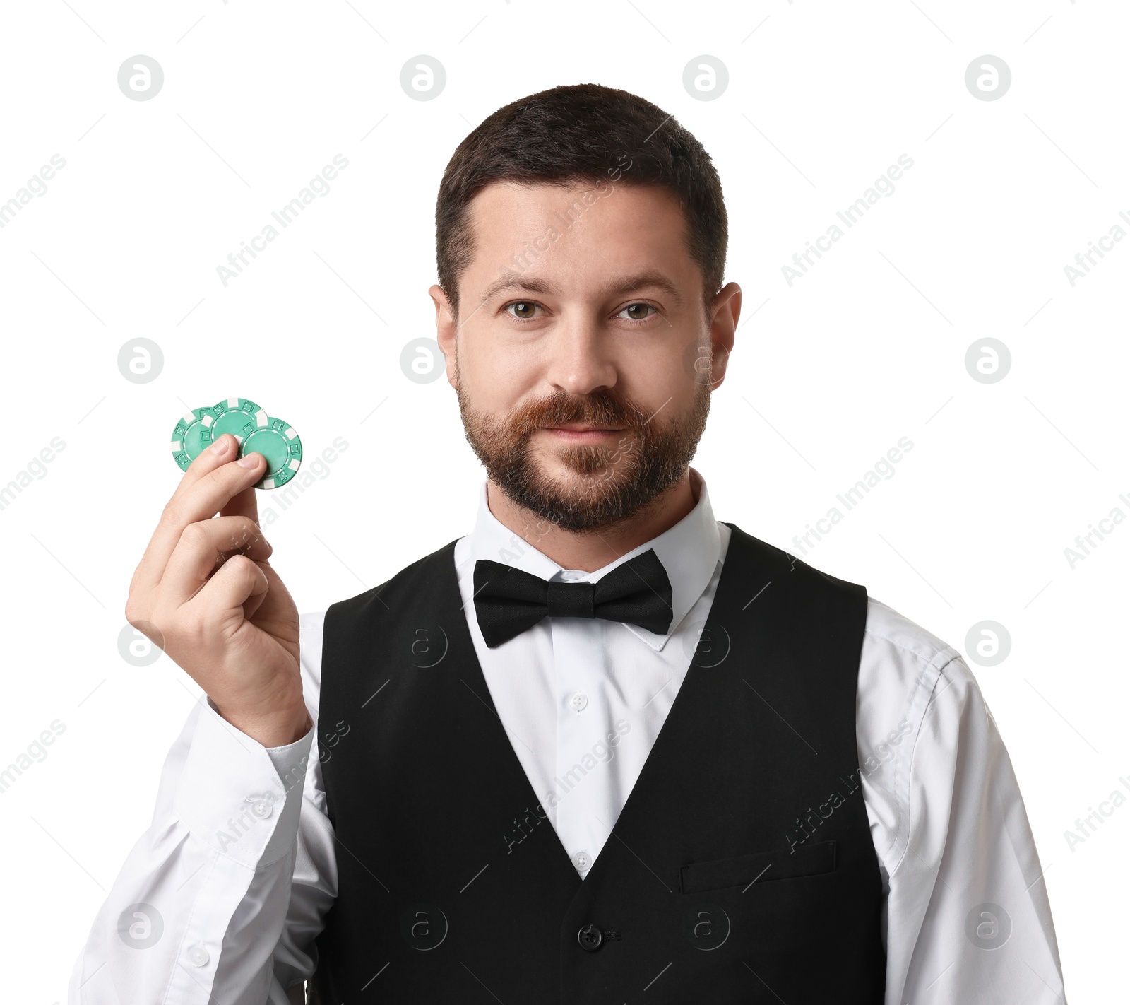 Photo of Croupier with casino chips on white background