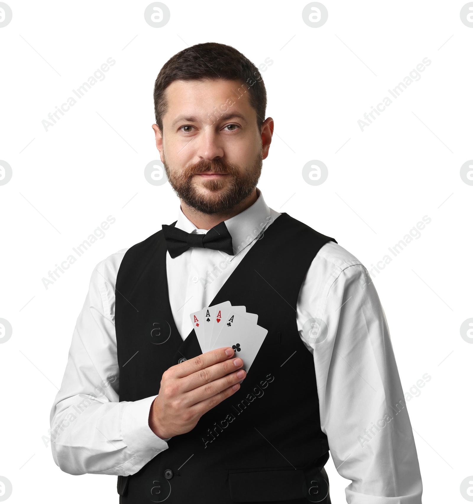 Photo of Professional croupier with playing cards on white background