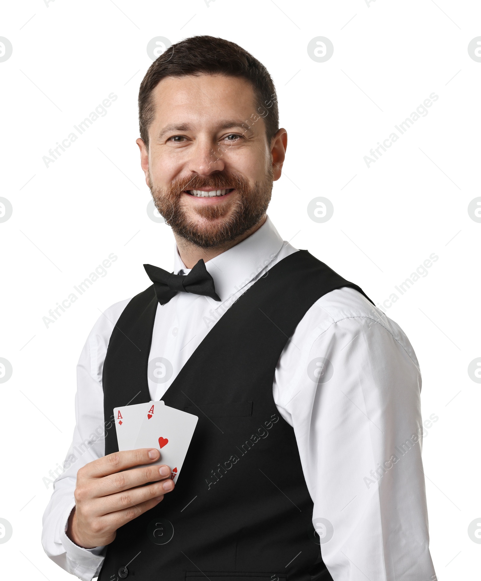 Photo of Professional croupier with playing cards on white background