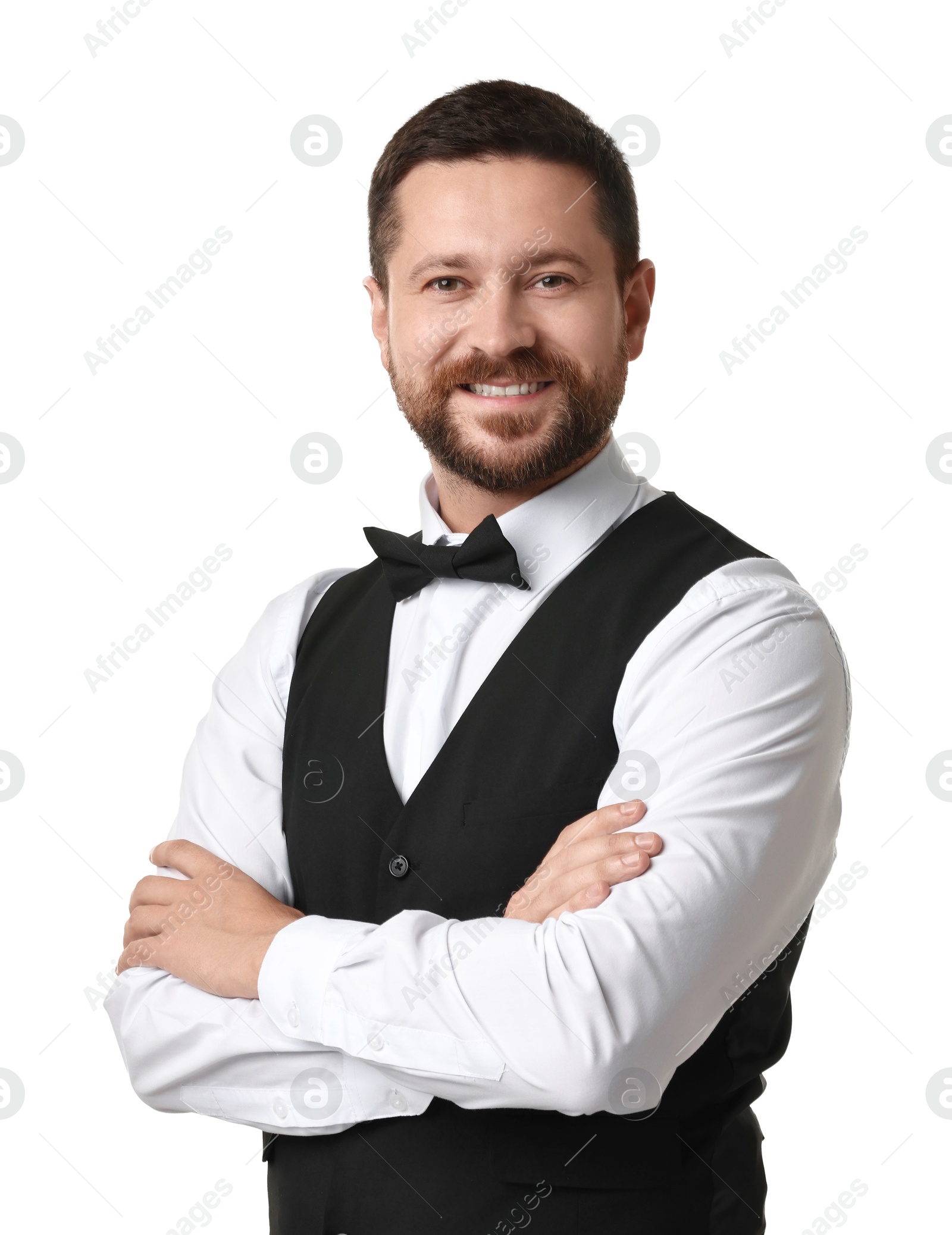 Photo of Portrait of professional croupier on white background