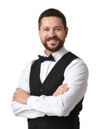 Photo of Portrait of professional croupier on white background