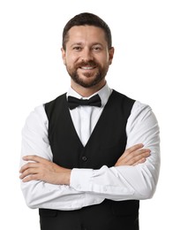 Photo of Portrait of professional croupier on white background