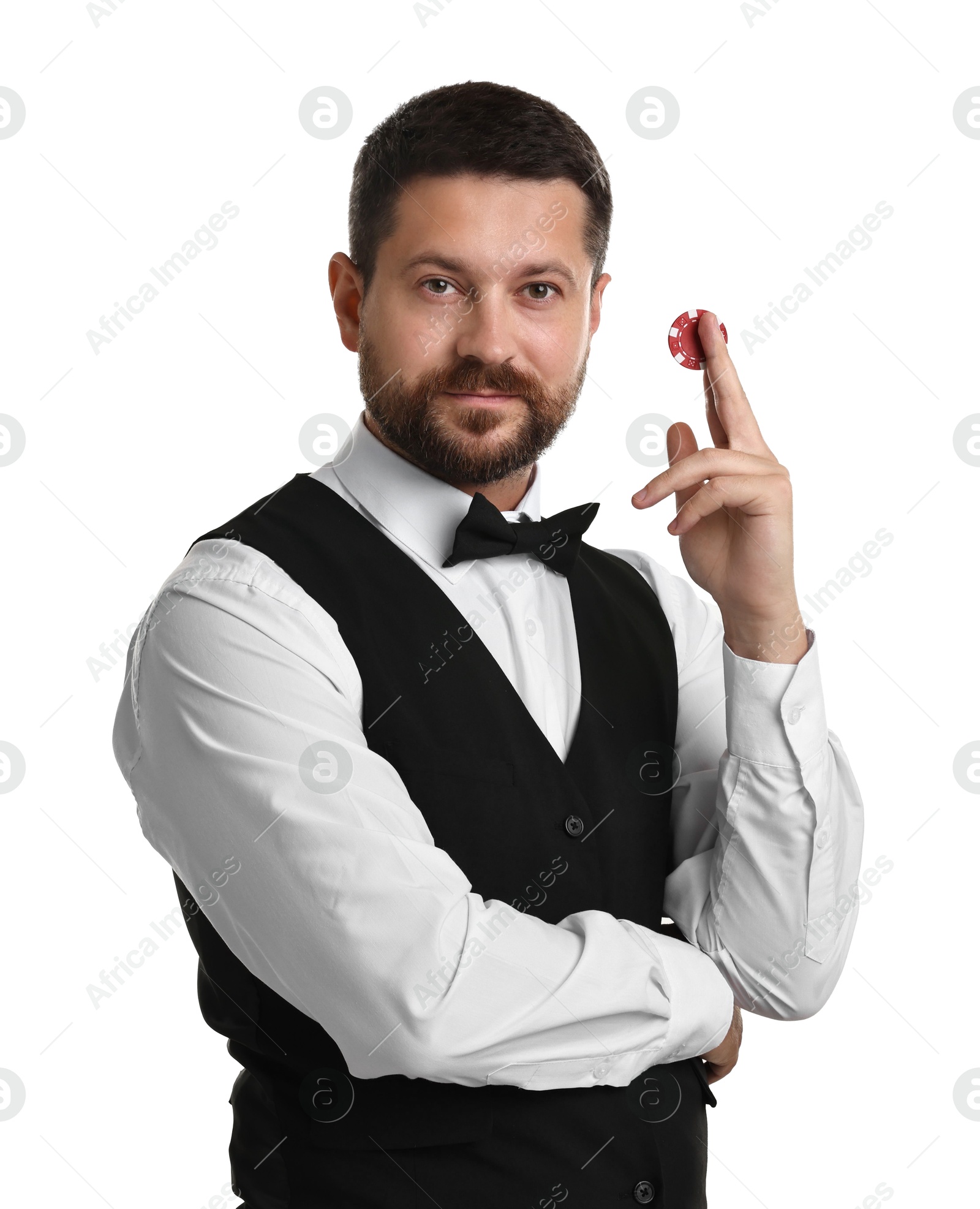 Photo of Croupier with casino chip on white background