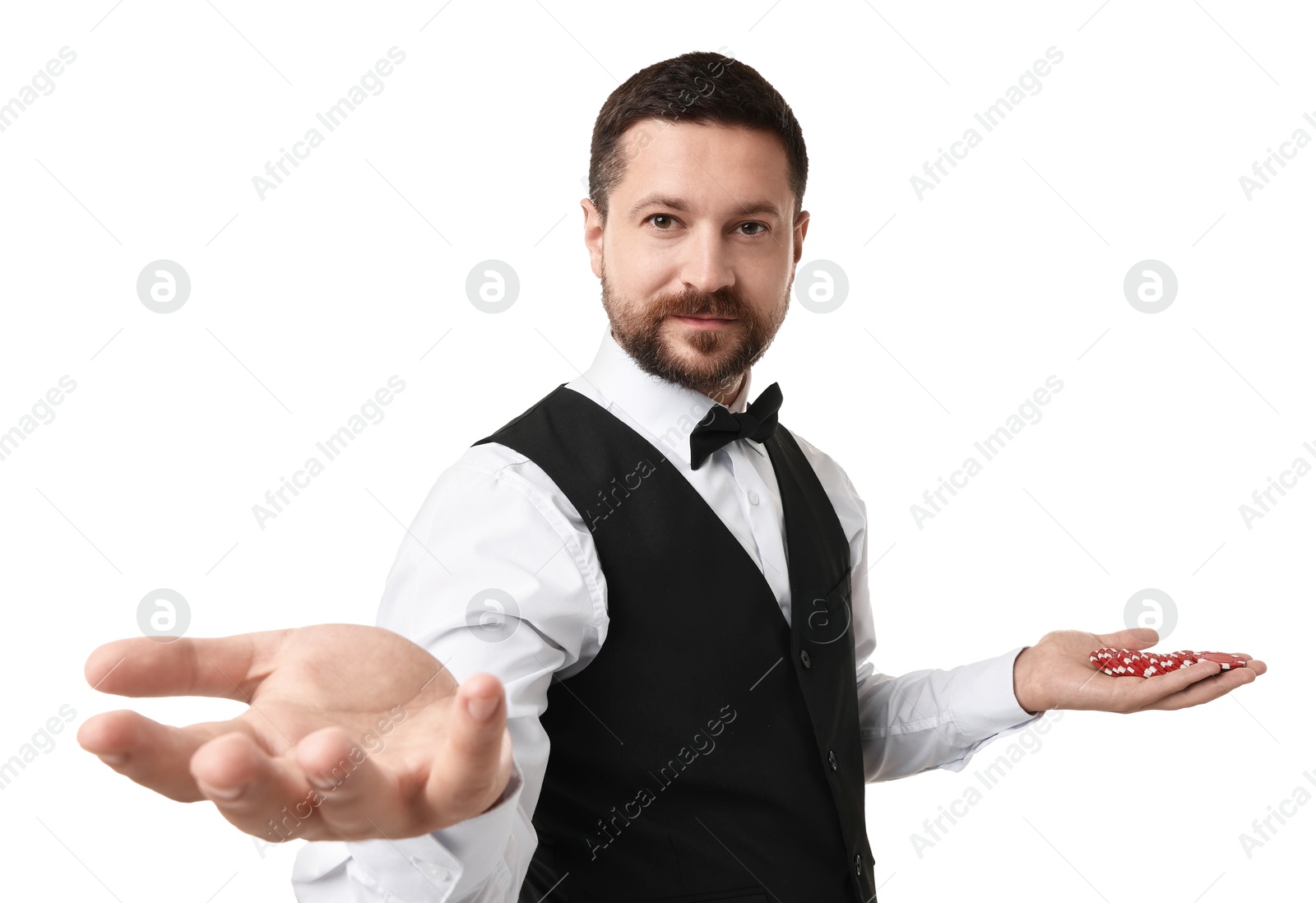 Photo of Croupier with casino chips on white background