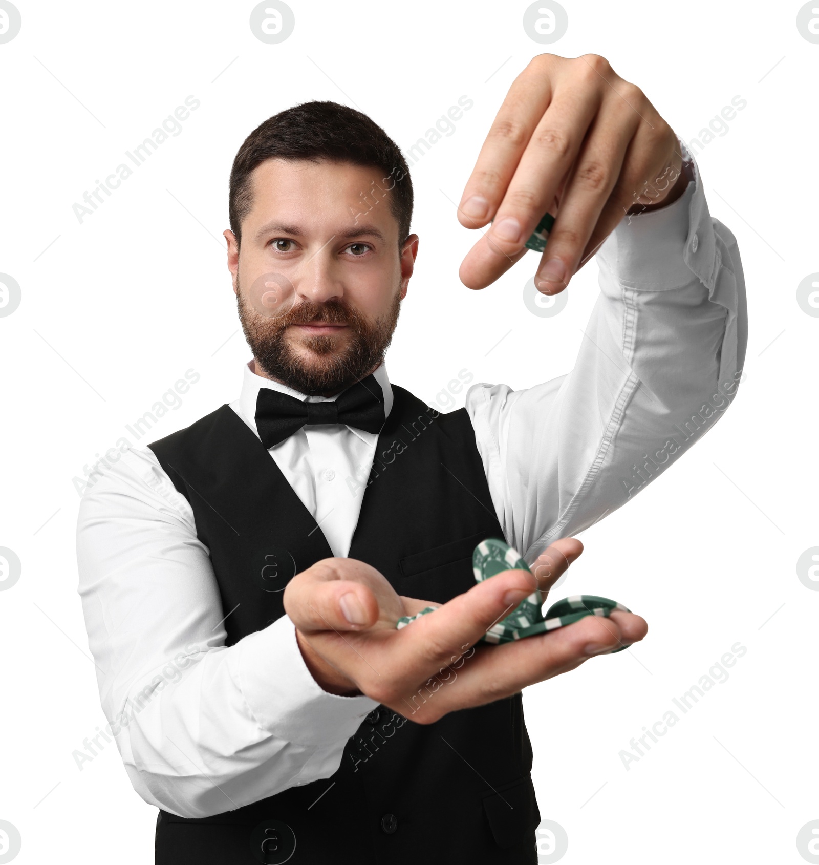 Photo of Croupier with casino chips on white background