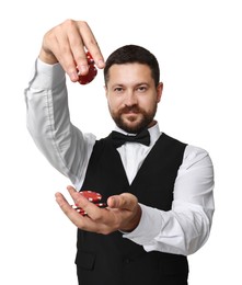 Croupier with casino chips on white background