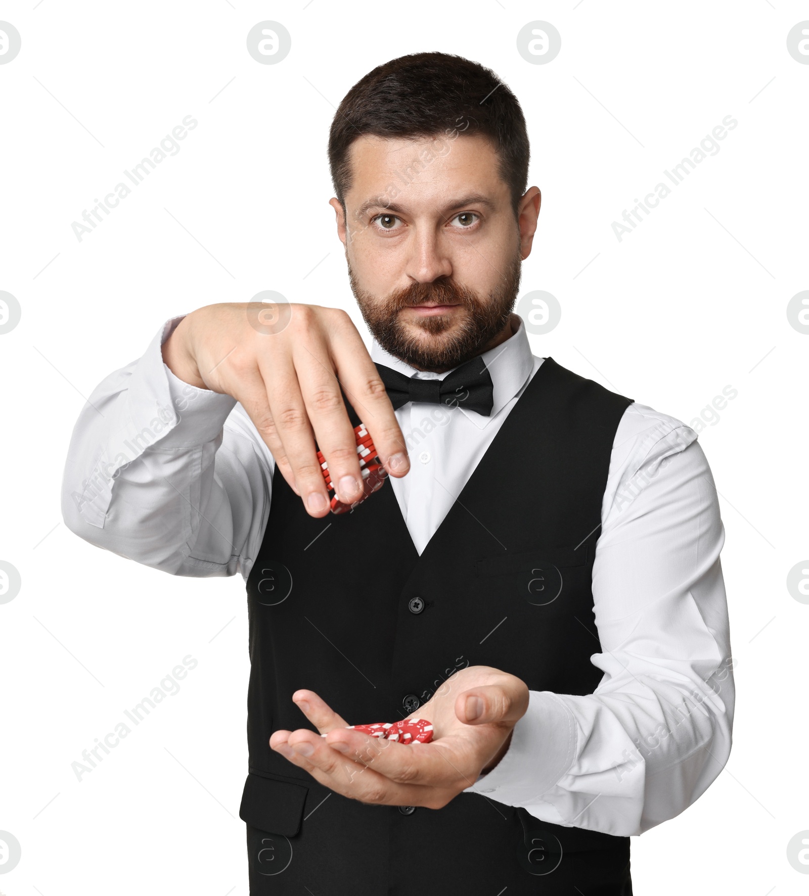 Photo of Croupier with casino chips on white background