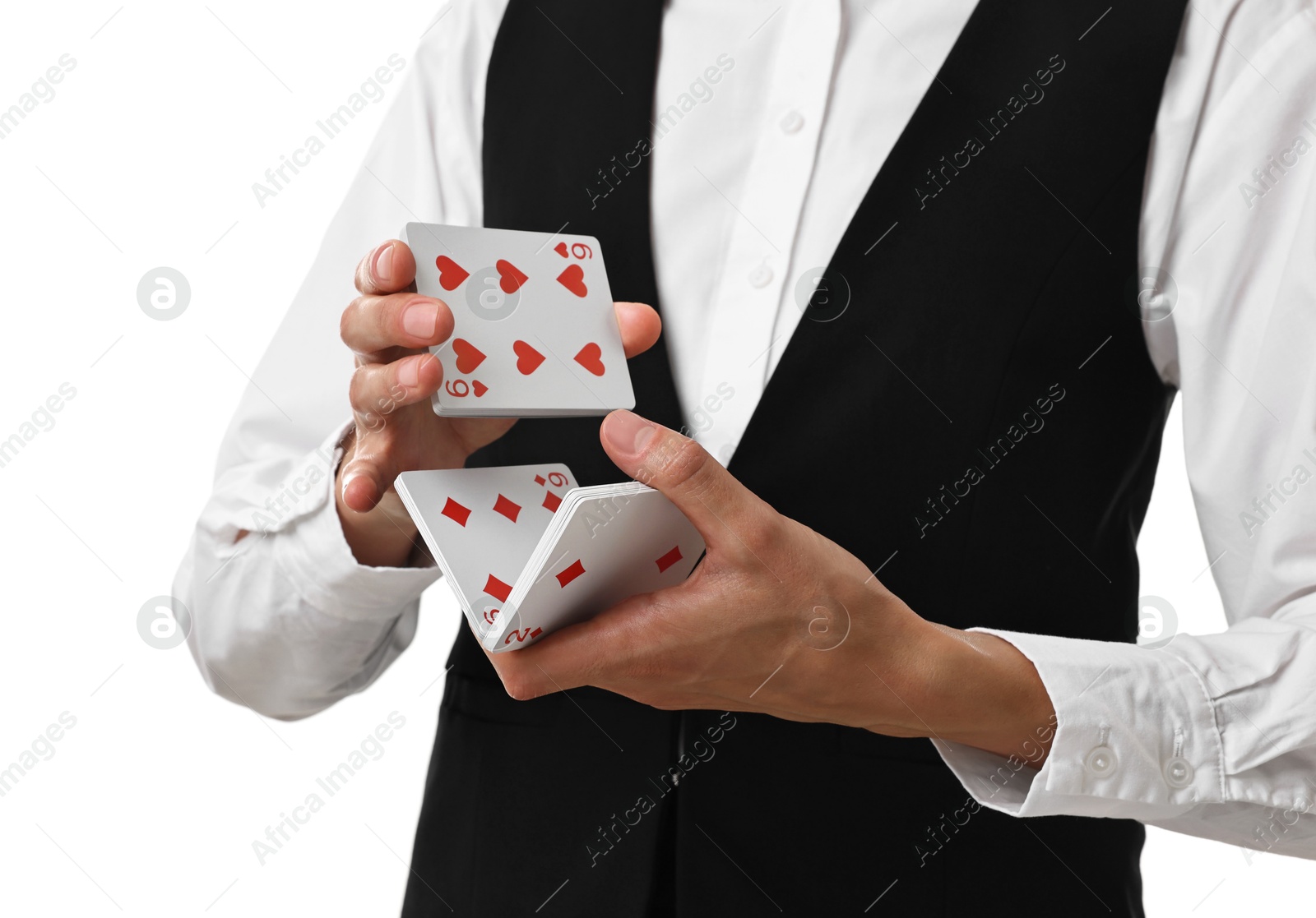 Photo of Professional croupier shuffling cards on white background, closeup