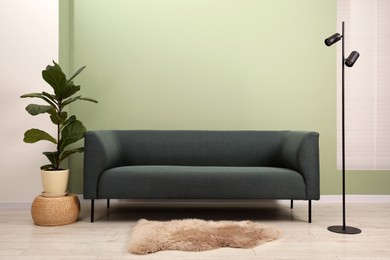 Stylish sofa, houseplant and lamp near green wall indoors