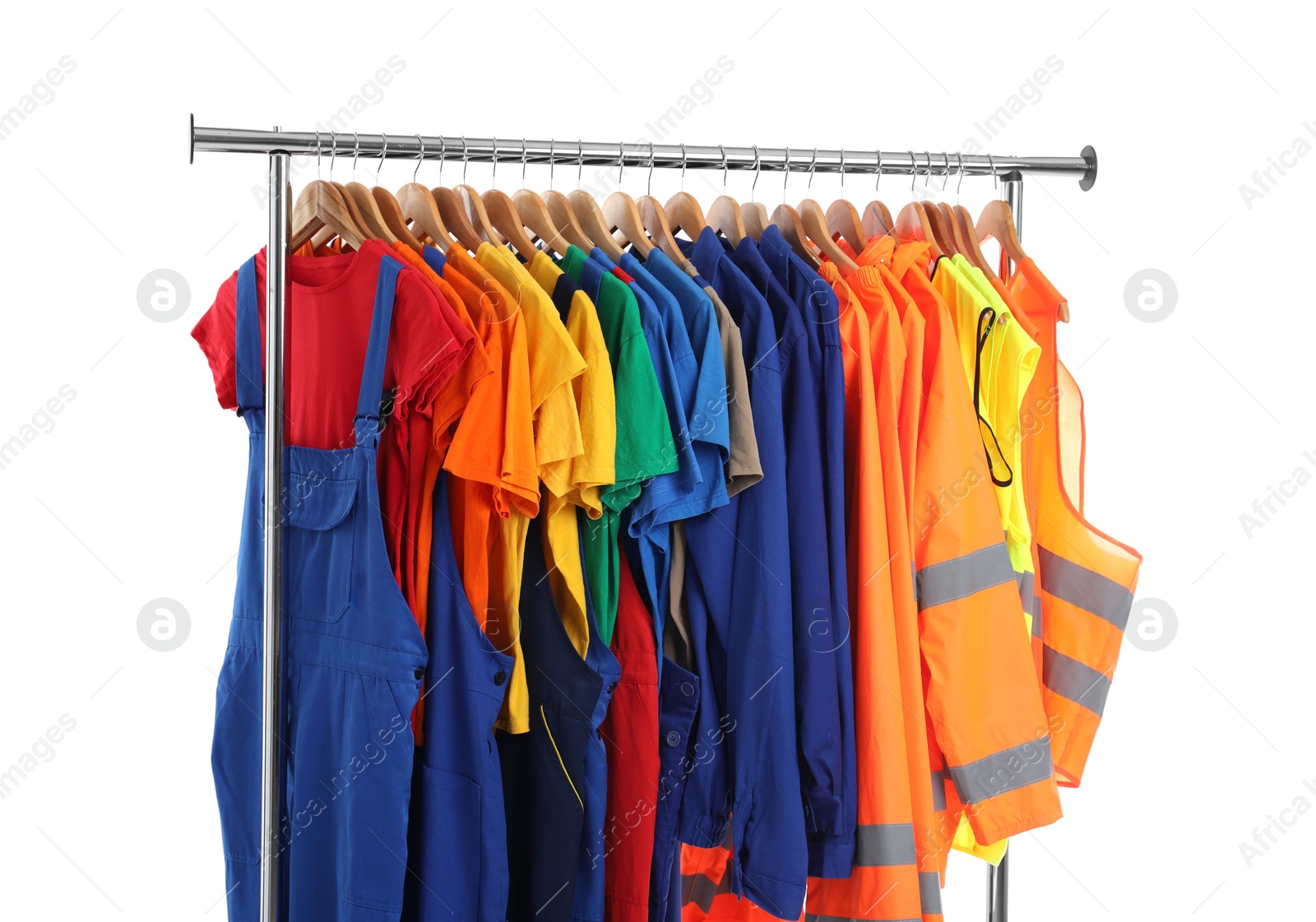 Photo of Different workers' uniforms on clothing rack isolated on white