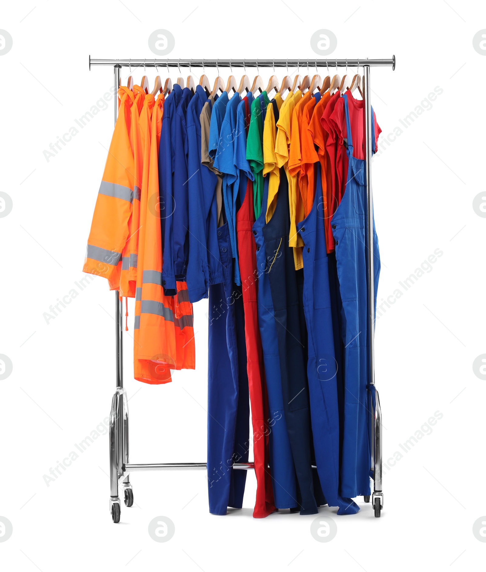 Photo of Different workers' uniforms on clothing rack isolated on white