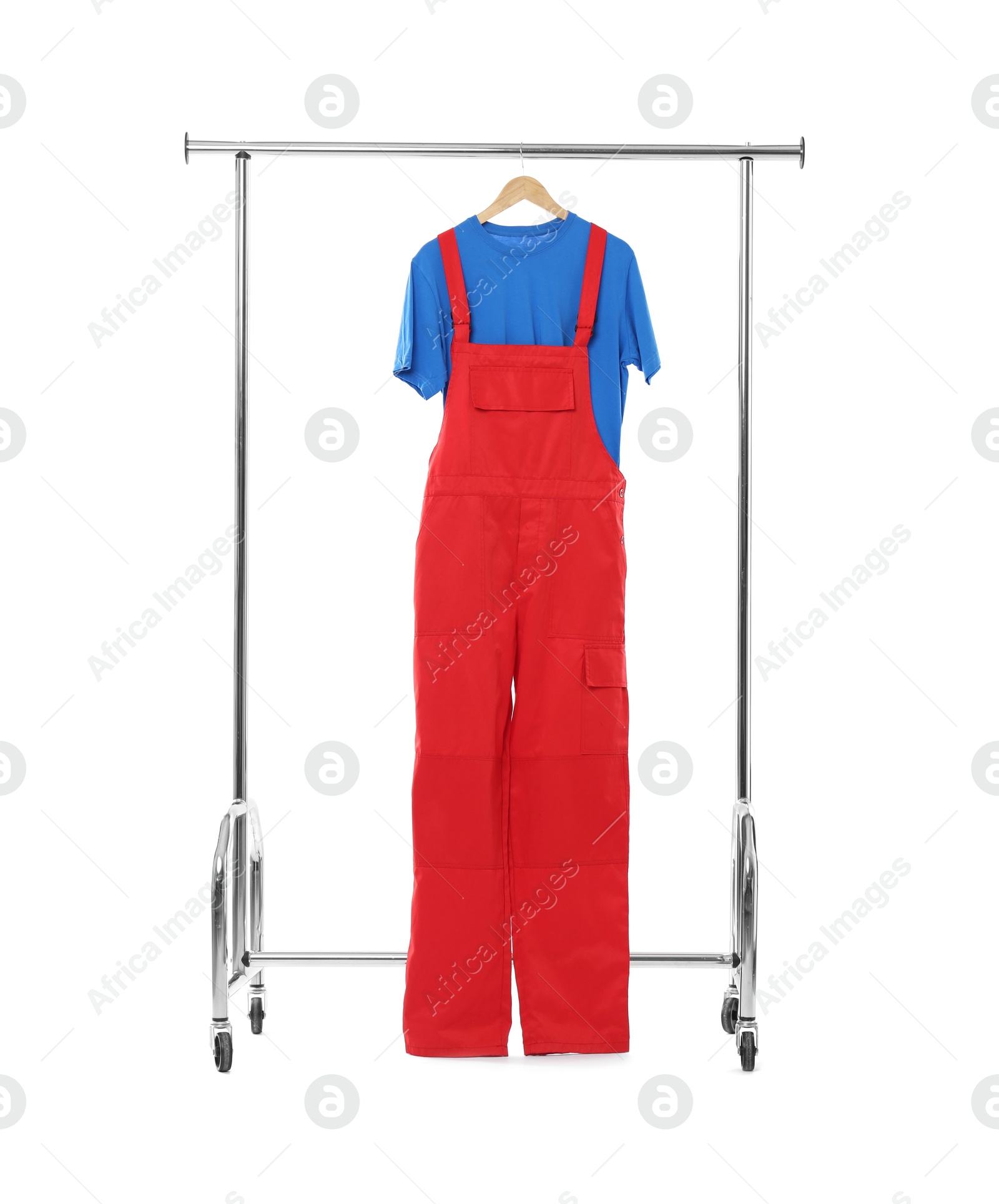 Photo of One worker's uniform on clothing rack isolated on white