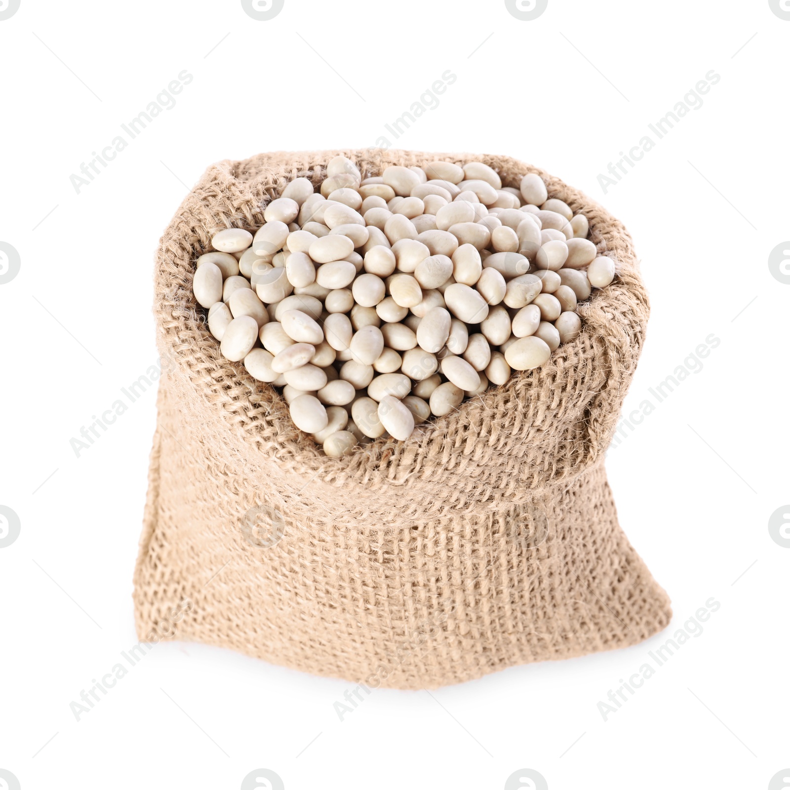 Photo of Burlap sack with dried beans isolated on white