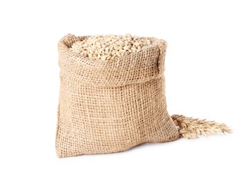 Photo of Burlap sack with dried wheat groats isolated on white