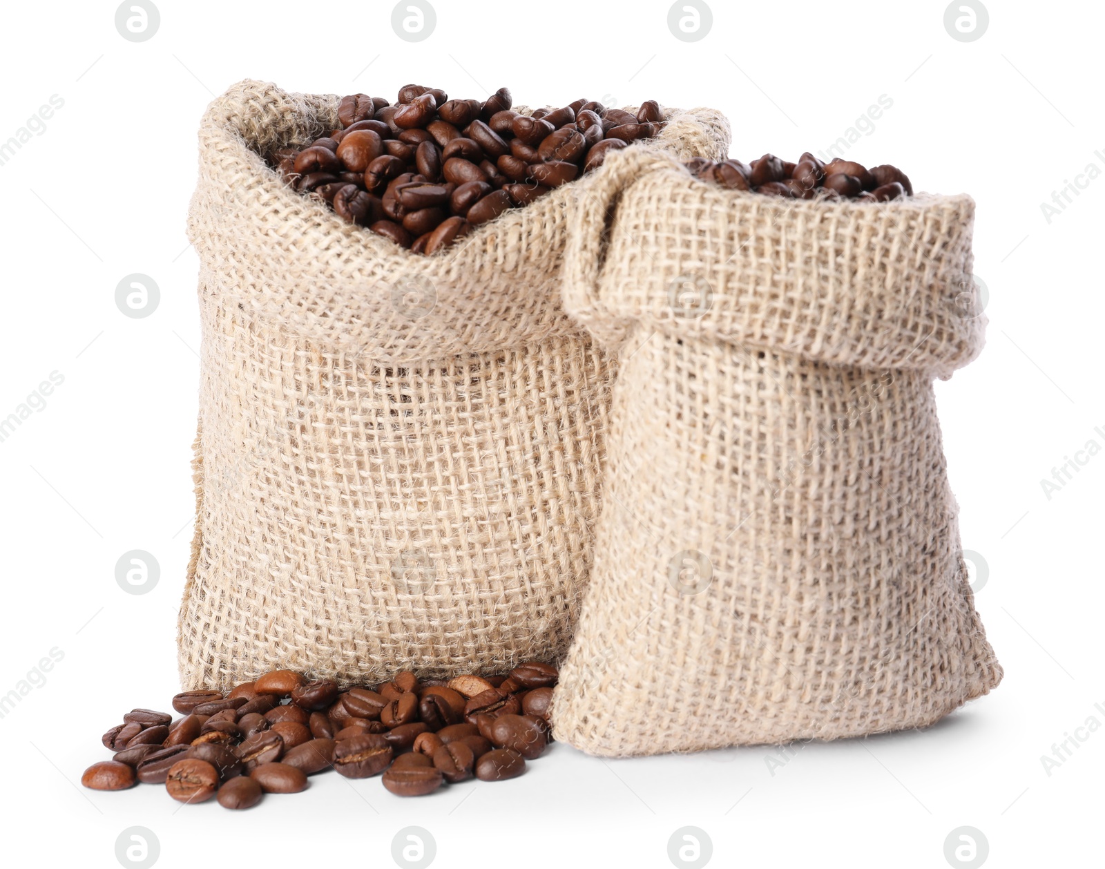 Photo of Burlap sacks with coffee beans isolated on white