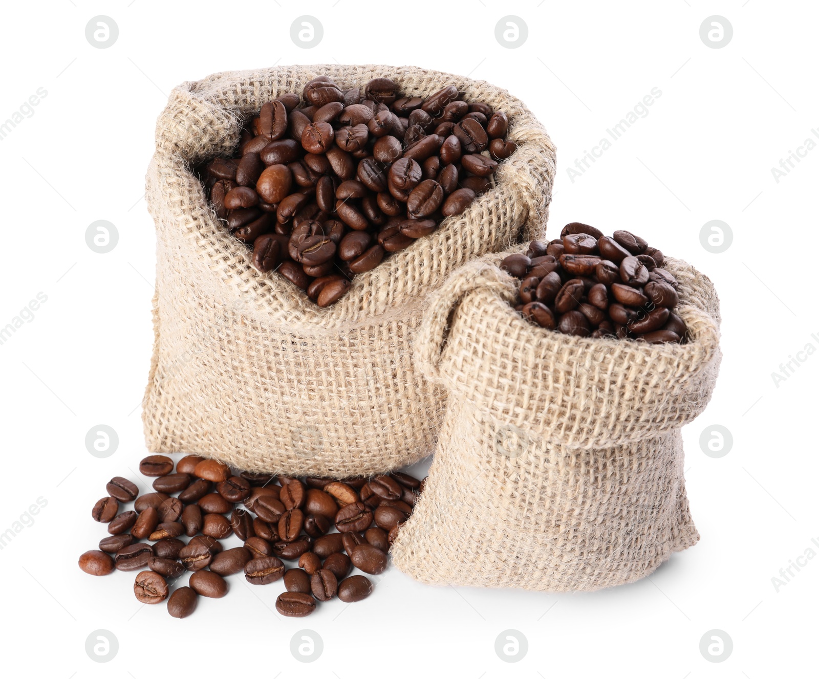 Photo of Burlap sacks with coffee beans isolated on white