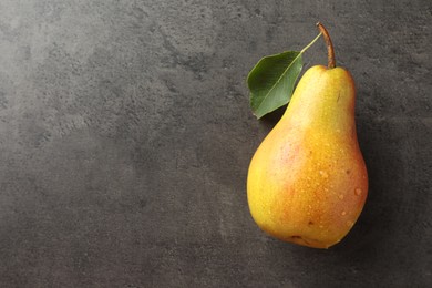 Photo of One ripe juicy pear on grey table, top view. Space for text