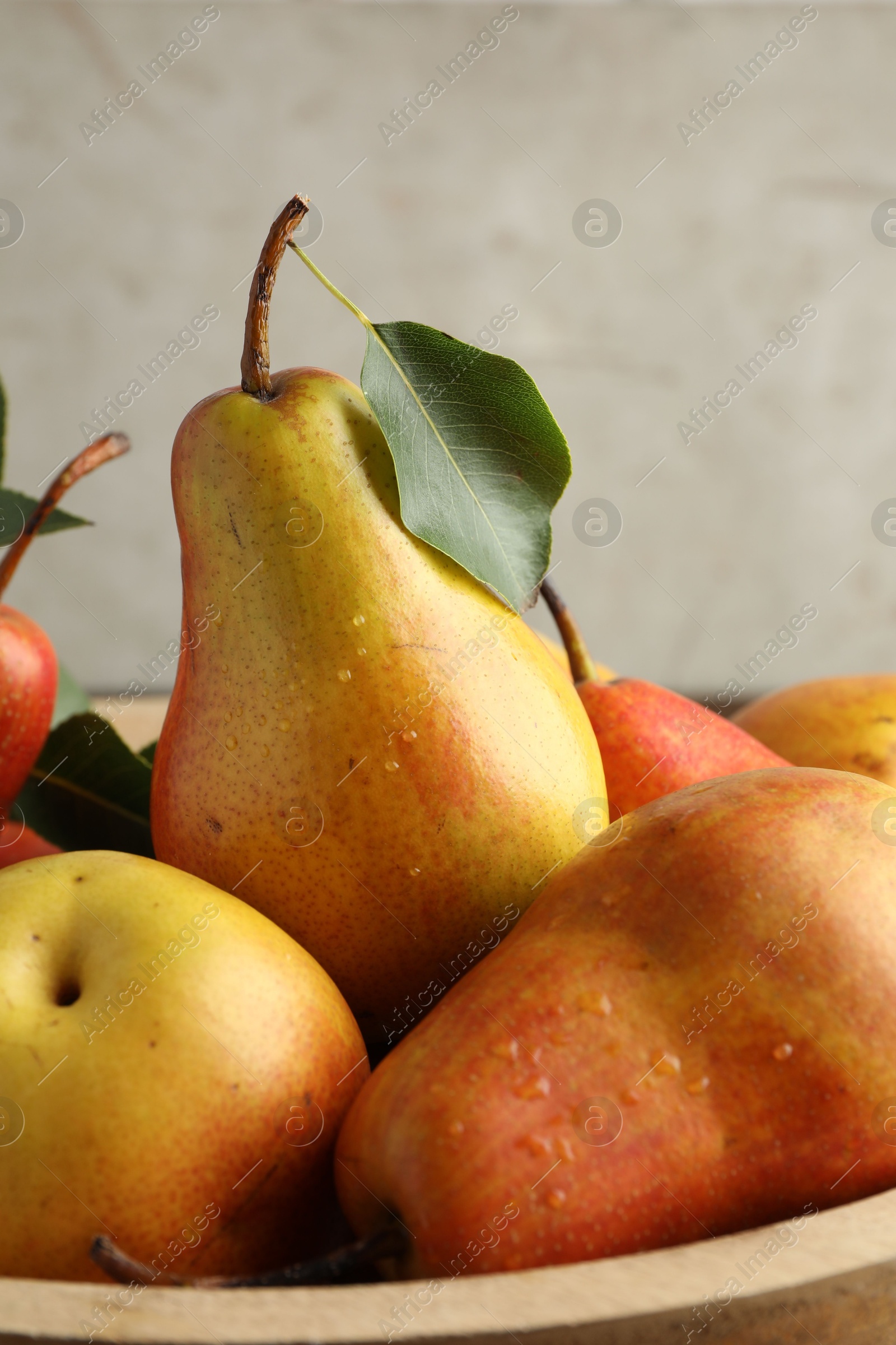 Photo of Many ripe juicy pears in bowl, closeup