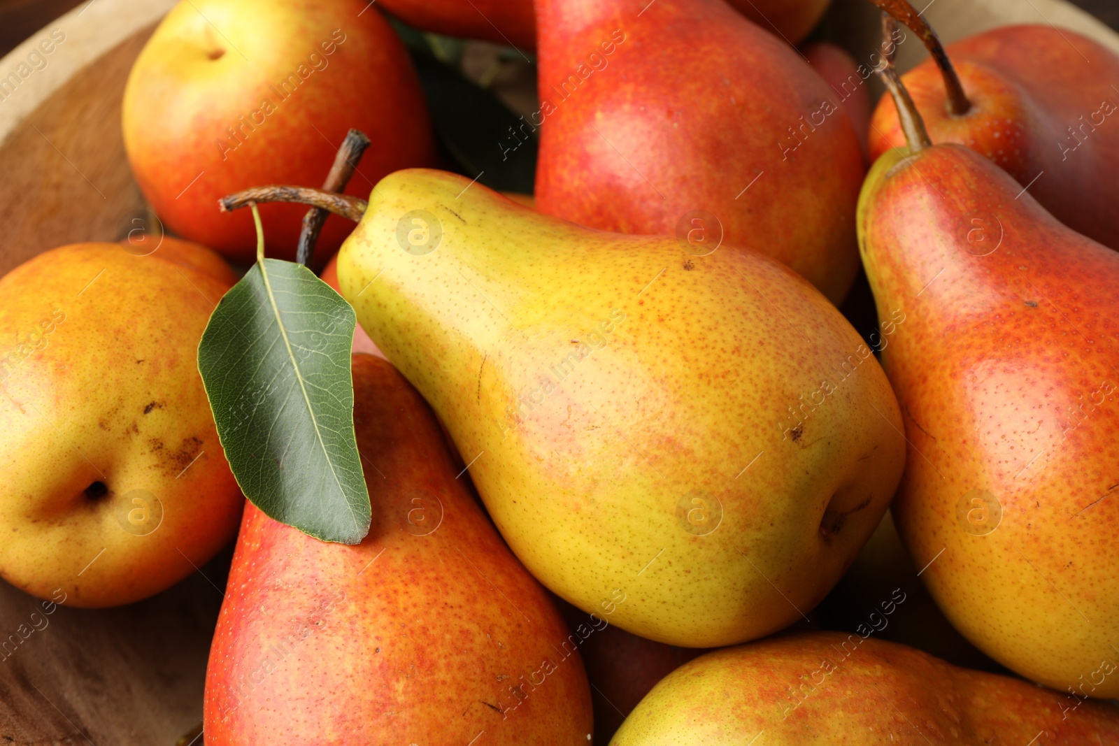 Photo of Ripe juicy pears in bowl, closeup view